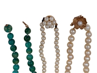 (2) Pearl Necklaces, (1) Turquoise Bead Necklace, All 14k Gold Clasps